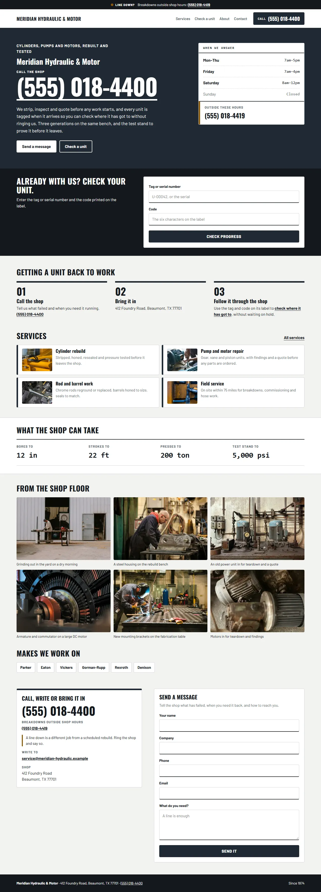 Fleet uptime design shown with a demo shop: an urgent home page that leads with the phone number and turnaround.