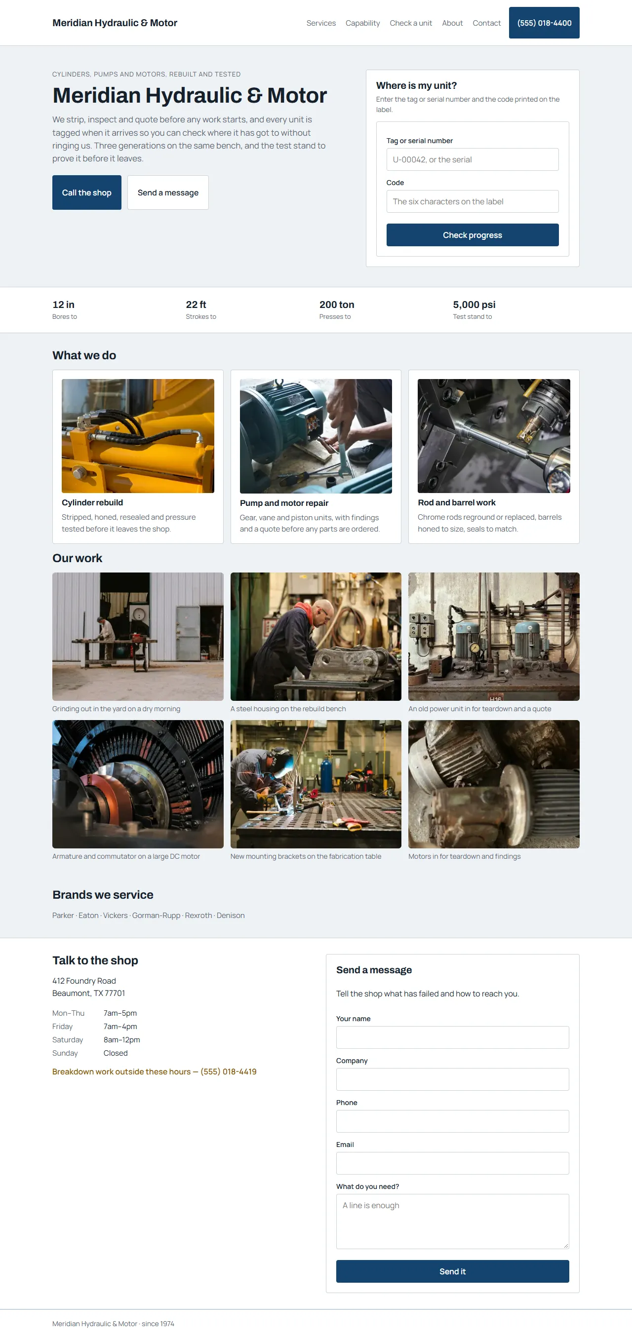 Industrial capability design shown with a demo shop: a heavy, technical home page that leads with what the shop can take on.