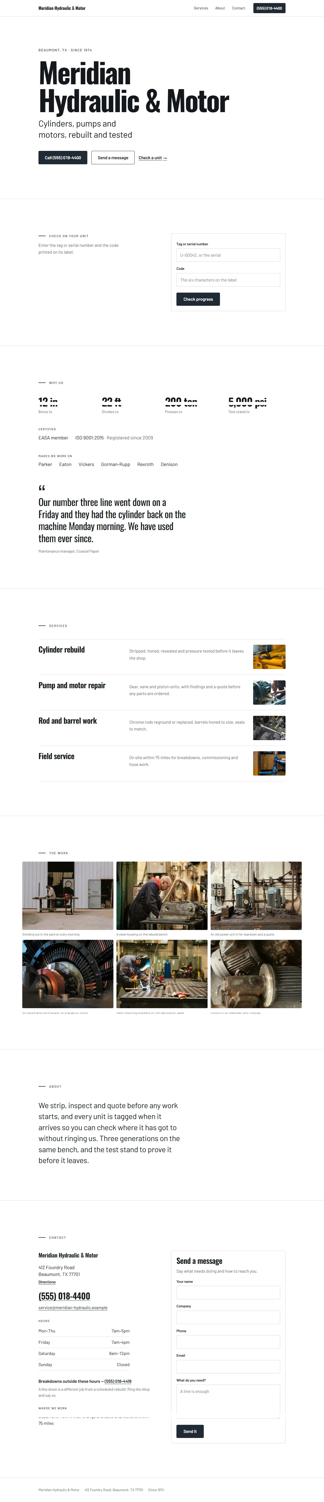 One-page design shown with a demo shop: the offer, the proof and how to reach you on a single scroll.