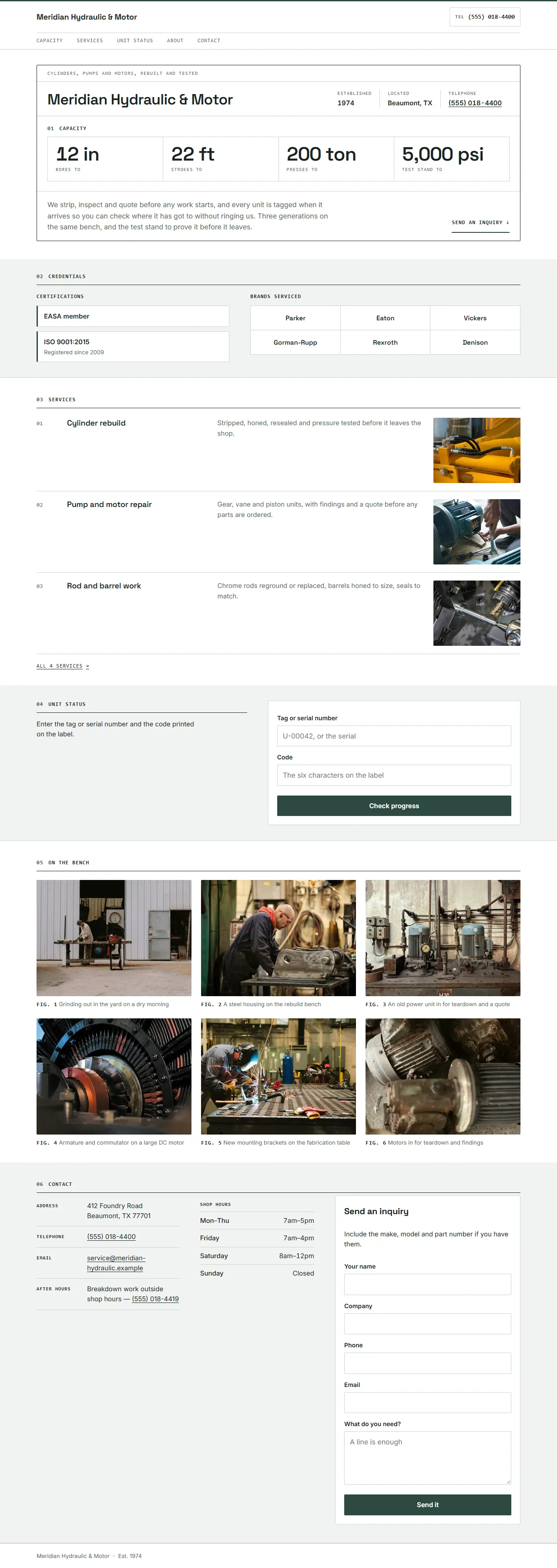 Precision shop design shown with a demo shop: a restrained, spec-led home page with certifications and brands.